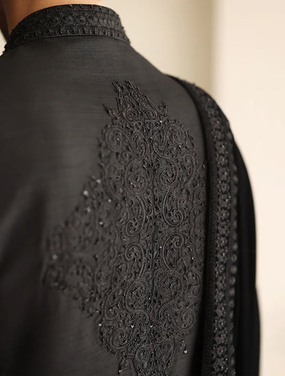 Black Self Embroidered Short Length Sherwani