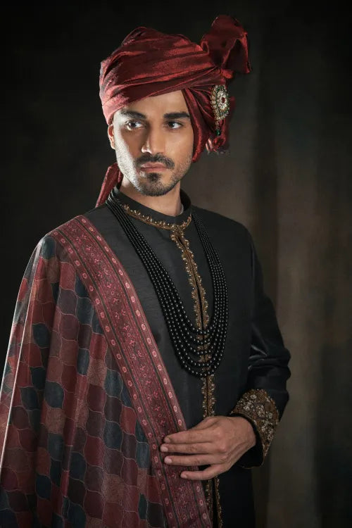 Black Raw Silk Sherwani with Collar and Sleeve Embroidered