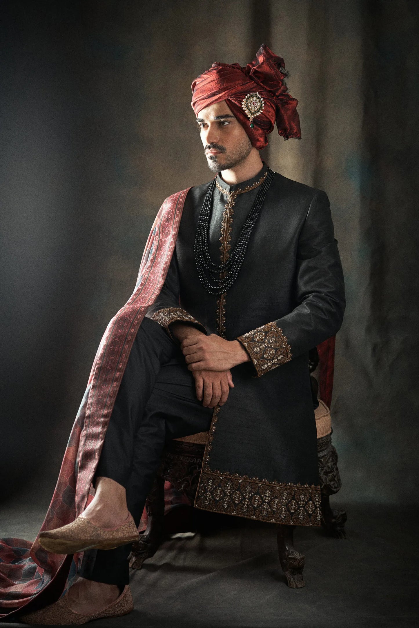 Black Raw Silk Sherwani with Collar and Sleeve Embroidered