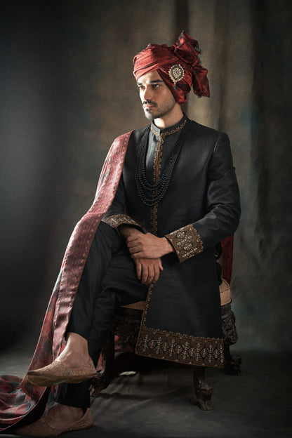 Black Raw Silk Sherwani with Collar and Sleeve Embroidered