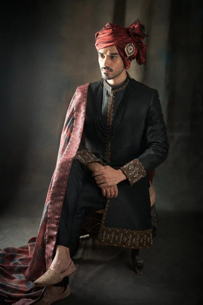 Black Raw Silk Sherwani with Collar and Sleeve Embroidered