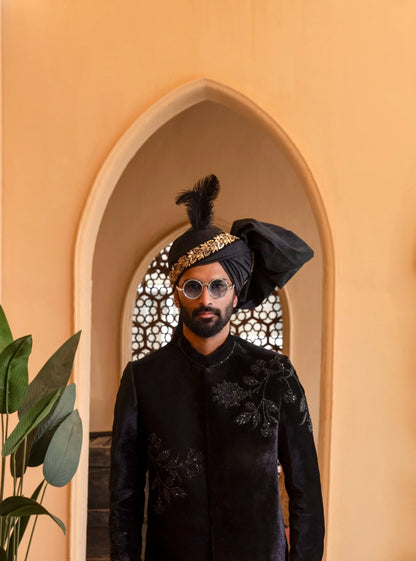 Black Velvet Sherwani with Floral Hand Embroidery