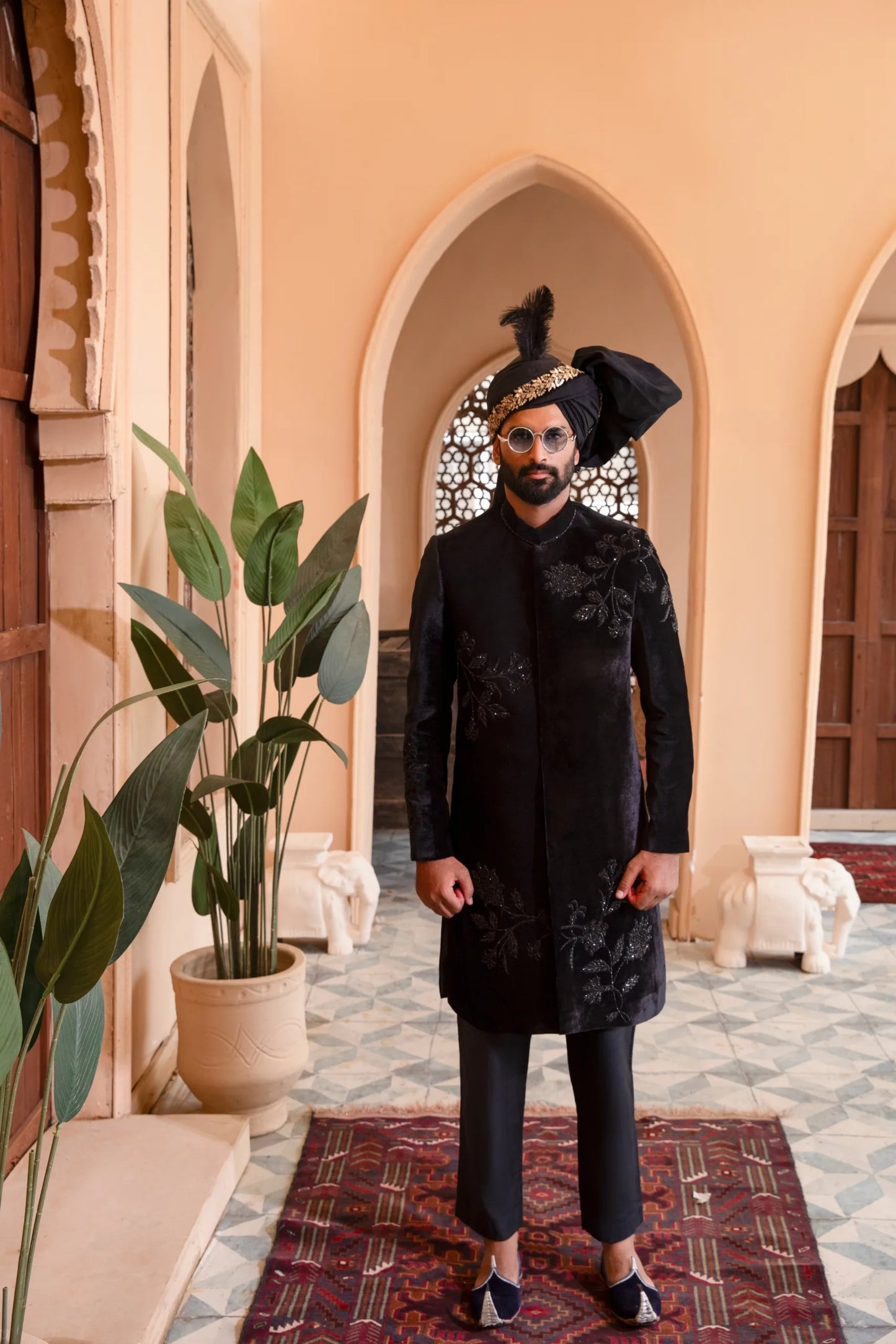 Black Velvet Sherwani with Floral Hand Embroidery