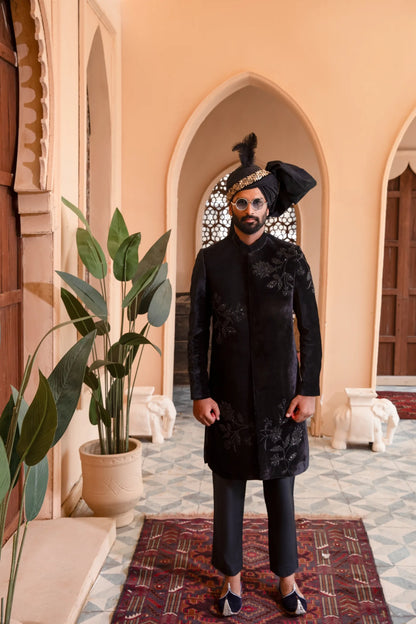 Black Velvet Sherwani with Floral Hand Embroidery