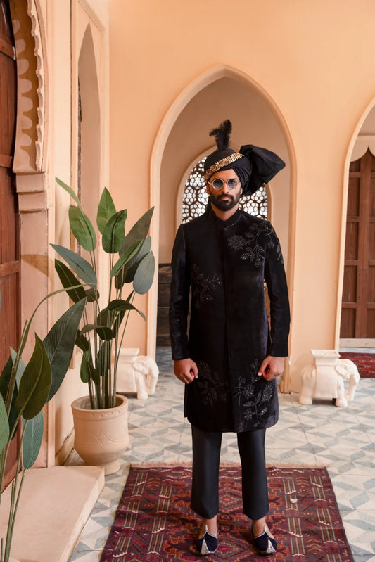 Black Velvet Sherwani with Floral Hand Embroidery