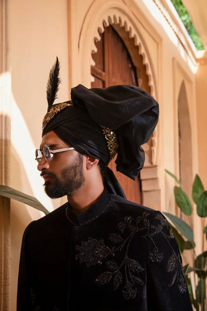 Black Velvet Sherwani with Floral Hand Embroidery