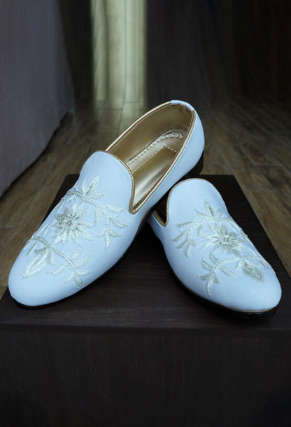 Baby Blue Loafers with Hand Embroidery