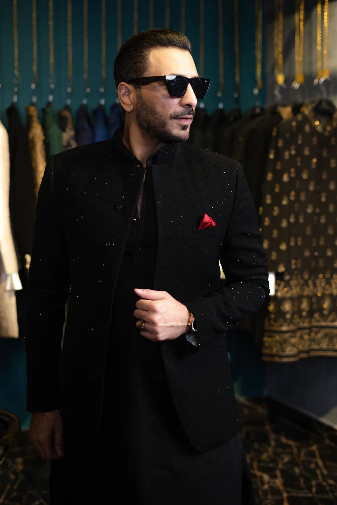 Black Bandhgala with Cut Dana Work