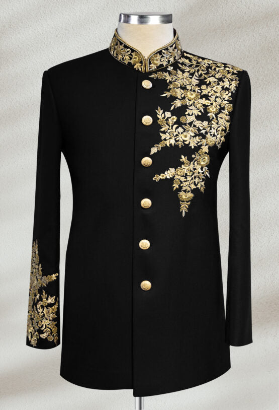 Black Bandhgala with Floral Embroidery