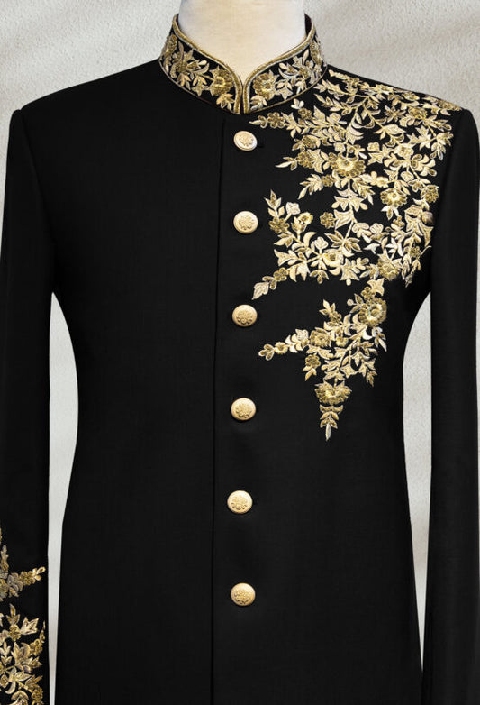 Black Bandhgala with Floral Embroidery