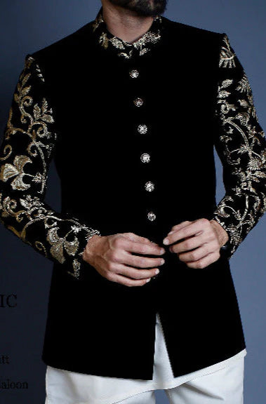 Black Velvet Bandhgala with Gold Embroidery