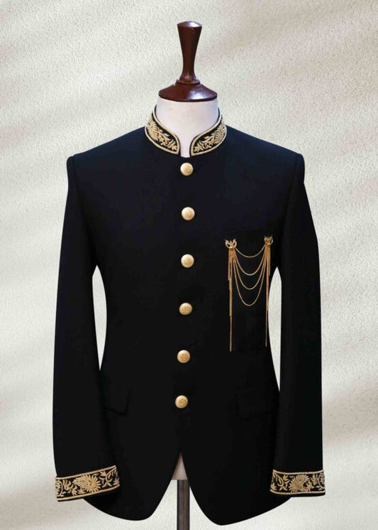 Black Bandhgala with Hand Embroidery | Luxurious Ethnic Jacket for Men