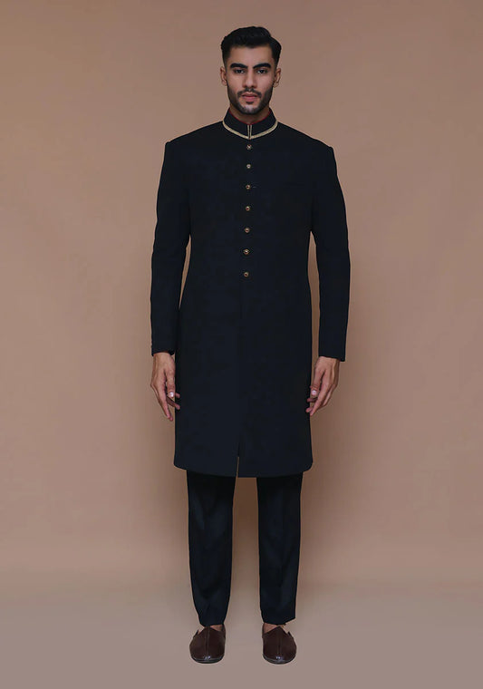 Black Classic Sherwani with Gold Buttons