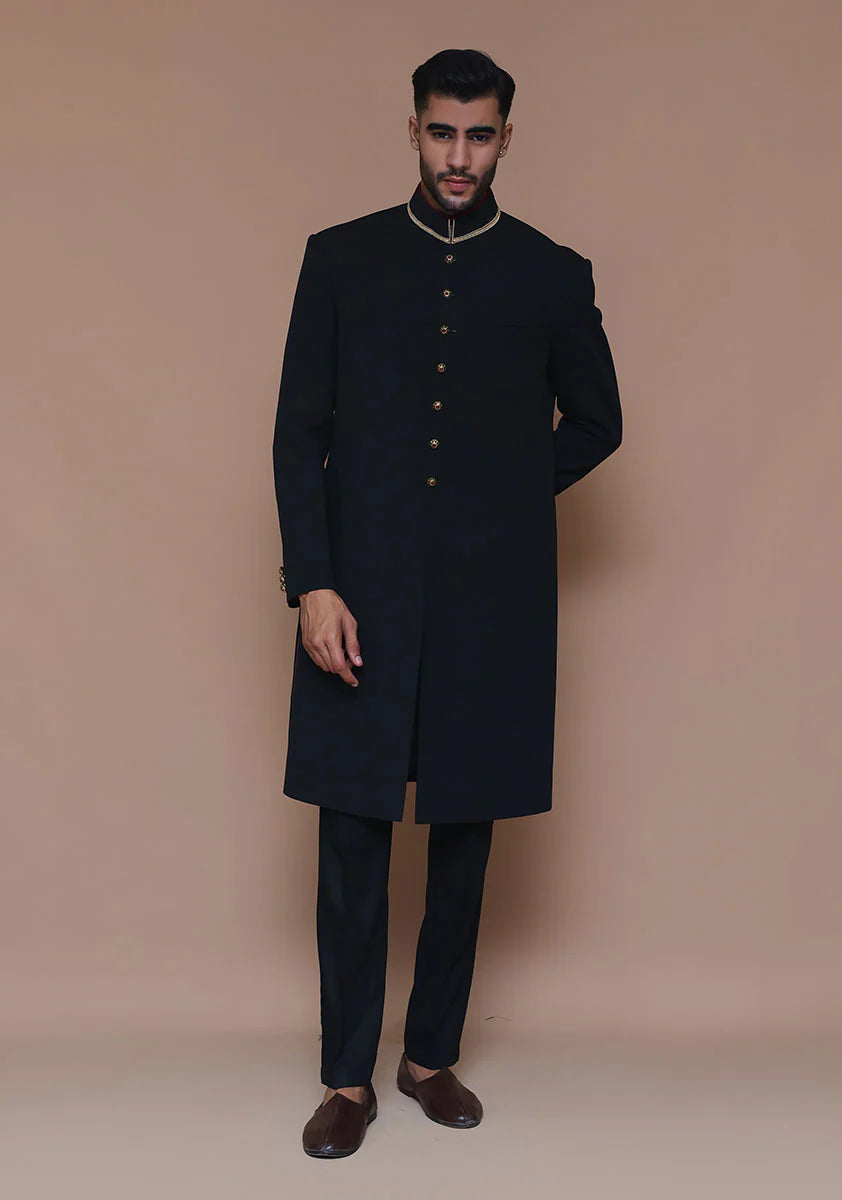 Black Classic Sherwani with Gold Buttons