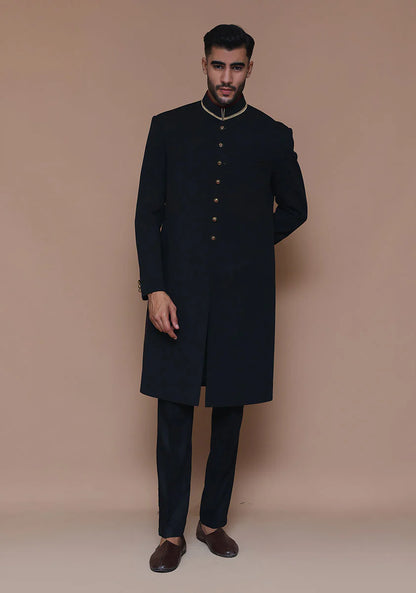 Black Classic Sherwani with Gold Buttons
