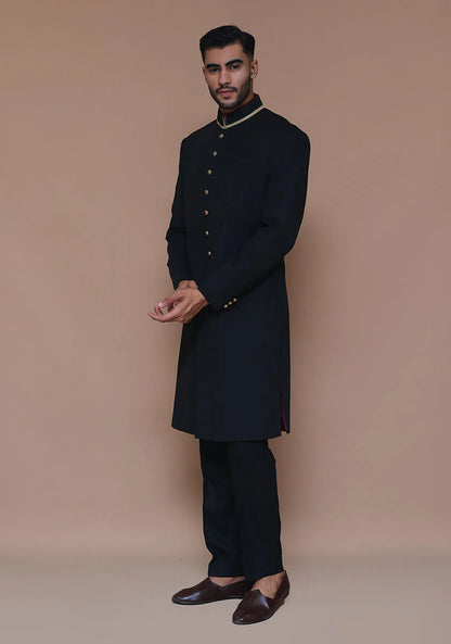 Black Classic Sherwani with Gold Buttons