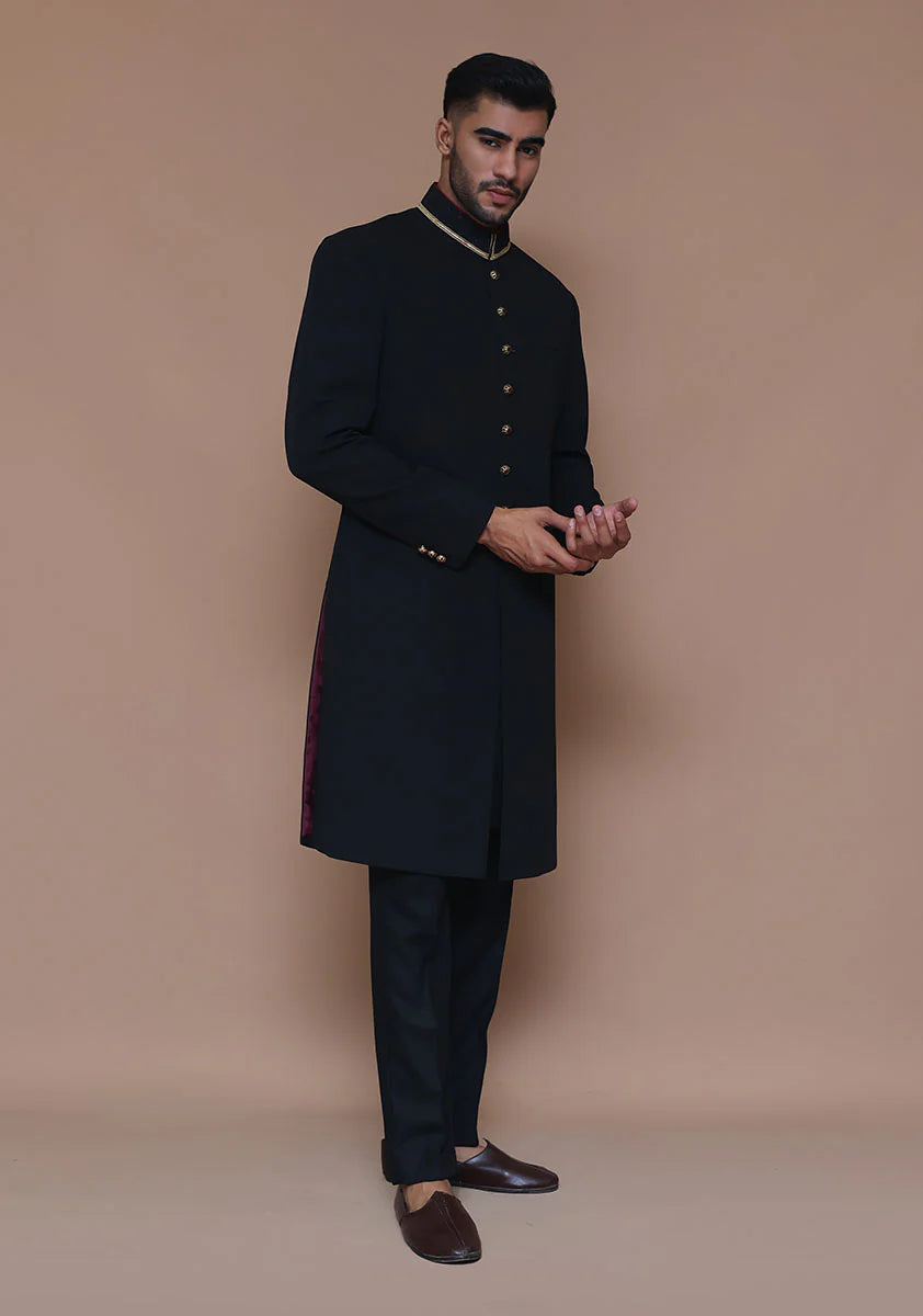 Black Classic Sherwani with Gold Buttons