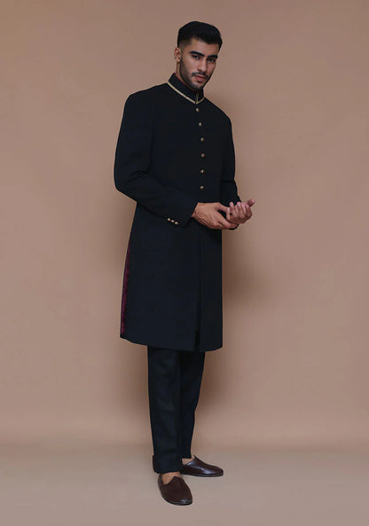 Black Classic Sherwani with Gold Buttons