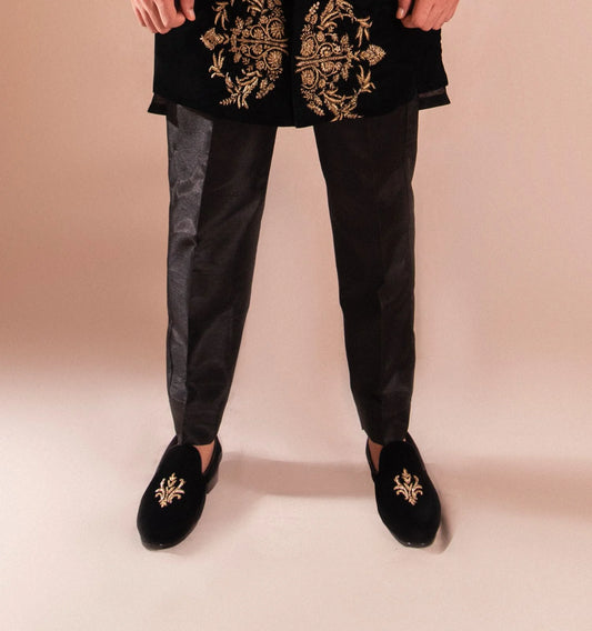 Black Loafers with Gold Embroidery | Regal Ethnic Footwear for Men