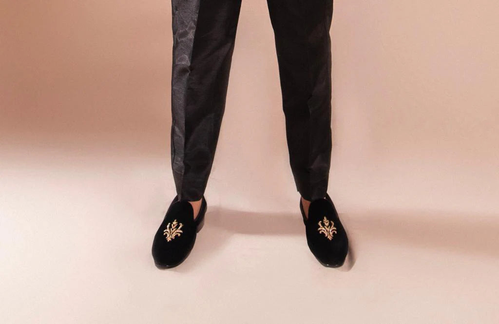 Black Loafers with Gold Embroidery | Regal Ethnic Footwear for Men