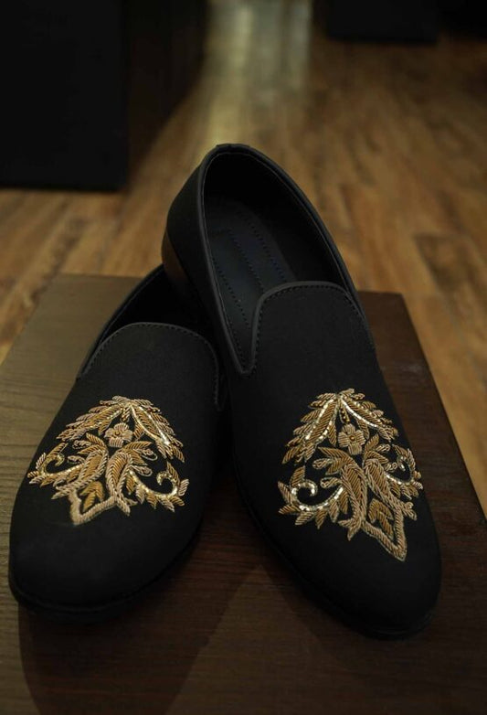 Black Loafers with Hand Embroidery