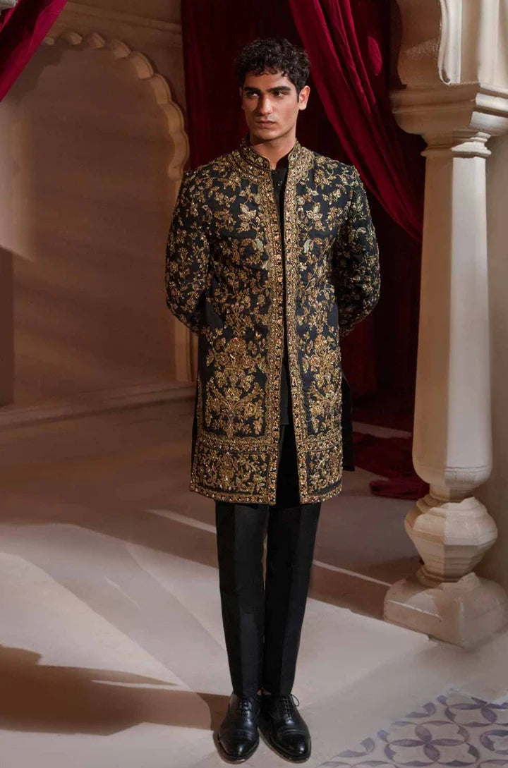 Black Luxurious Sherwani with All Over Hand Embroidery