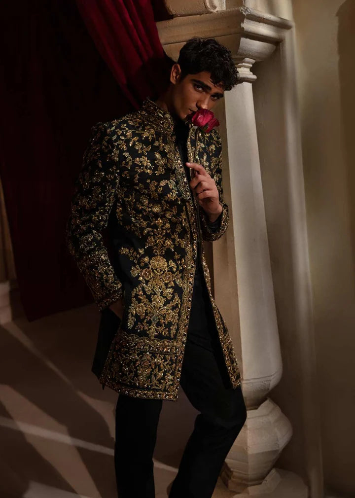 Black Luxurious Sherwani with All Over Hand Embroidery