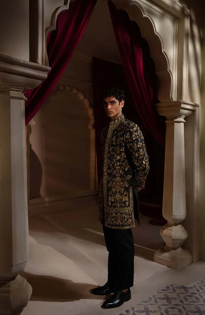Black Luxurious Sherwani with All Over Hand Embroidery