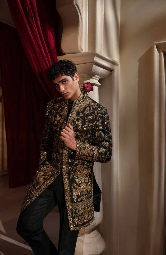 Black Luxurious Sherwani with All Over Hand Embroidery