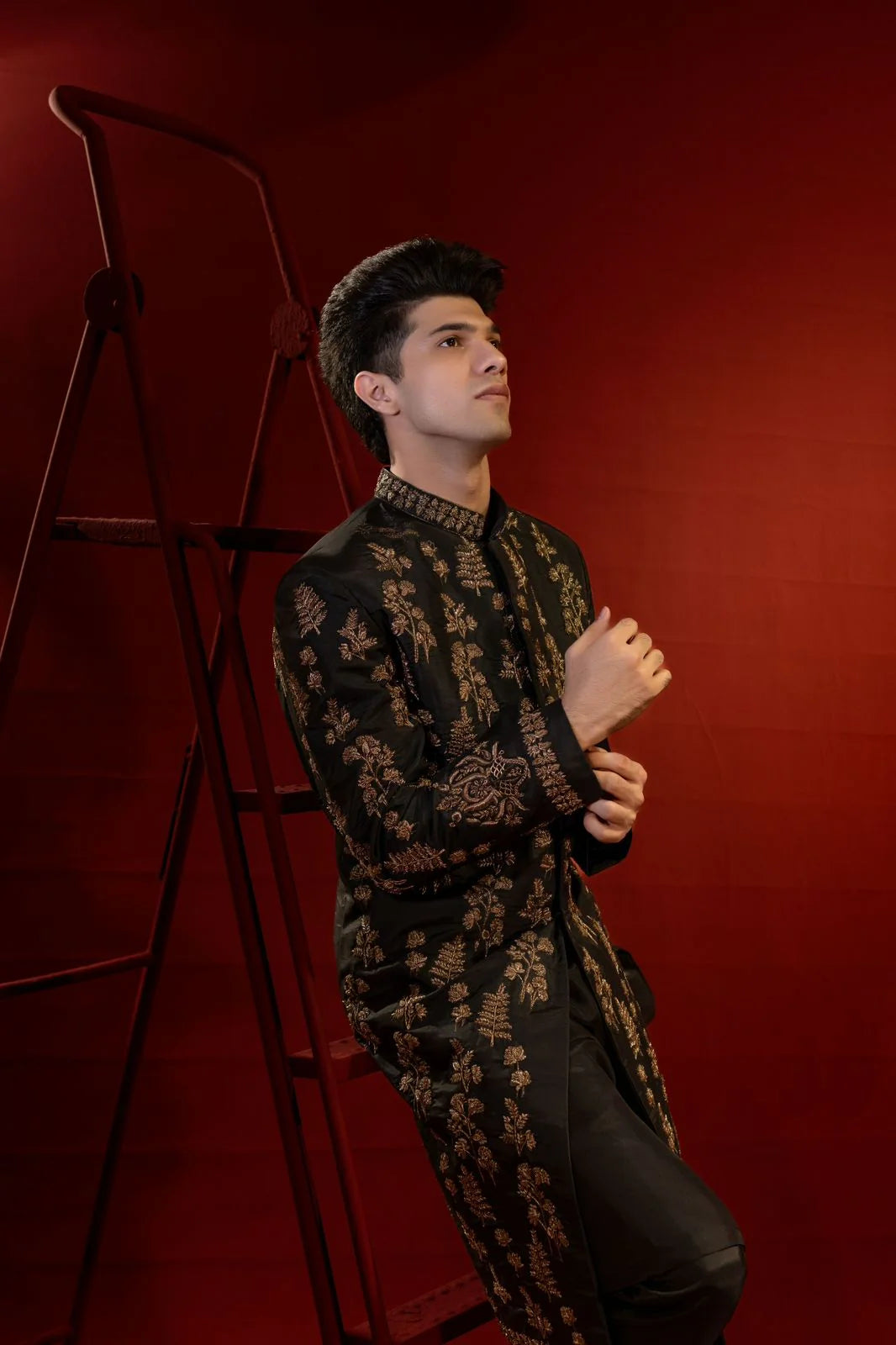Black Raw Silk Sherwani with Gold Embroidery