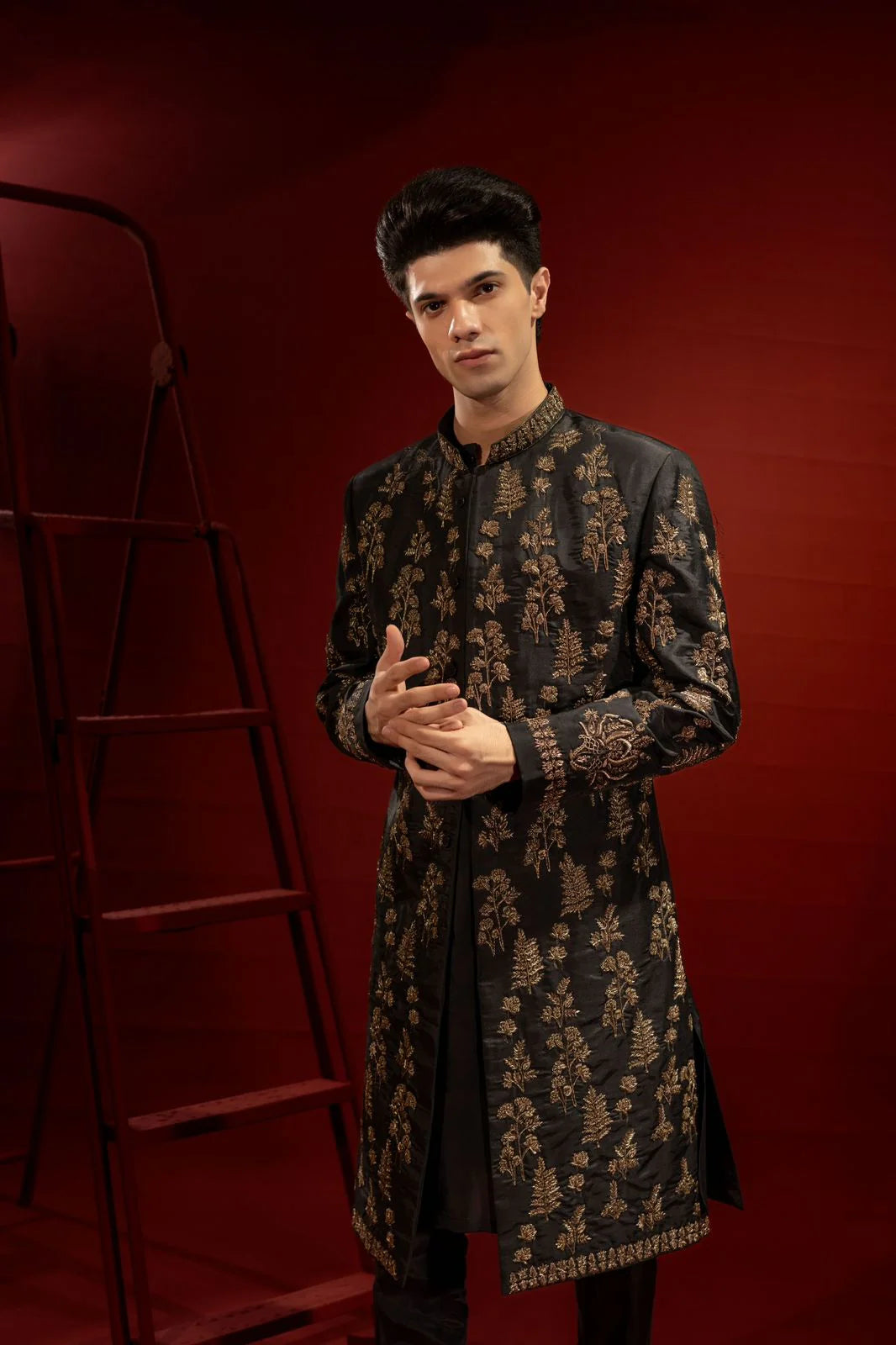 Black Raw Silk Sherwani with Gold Embroidery