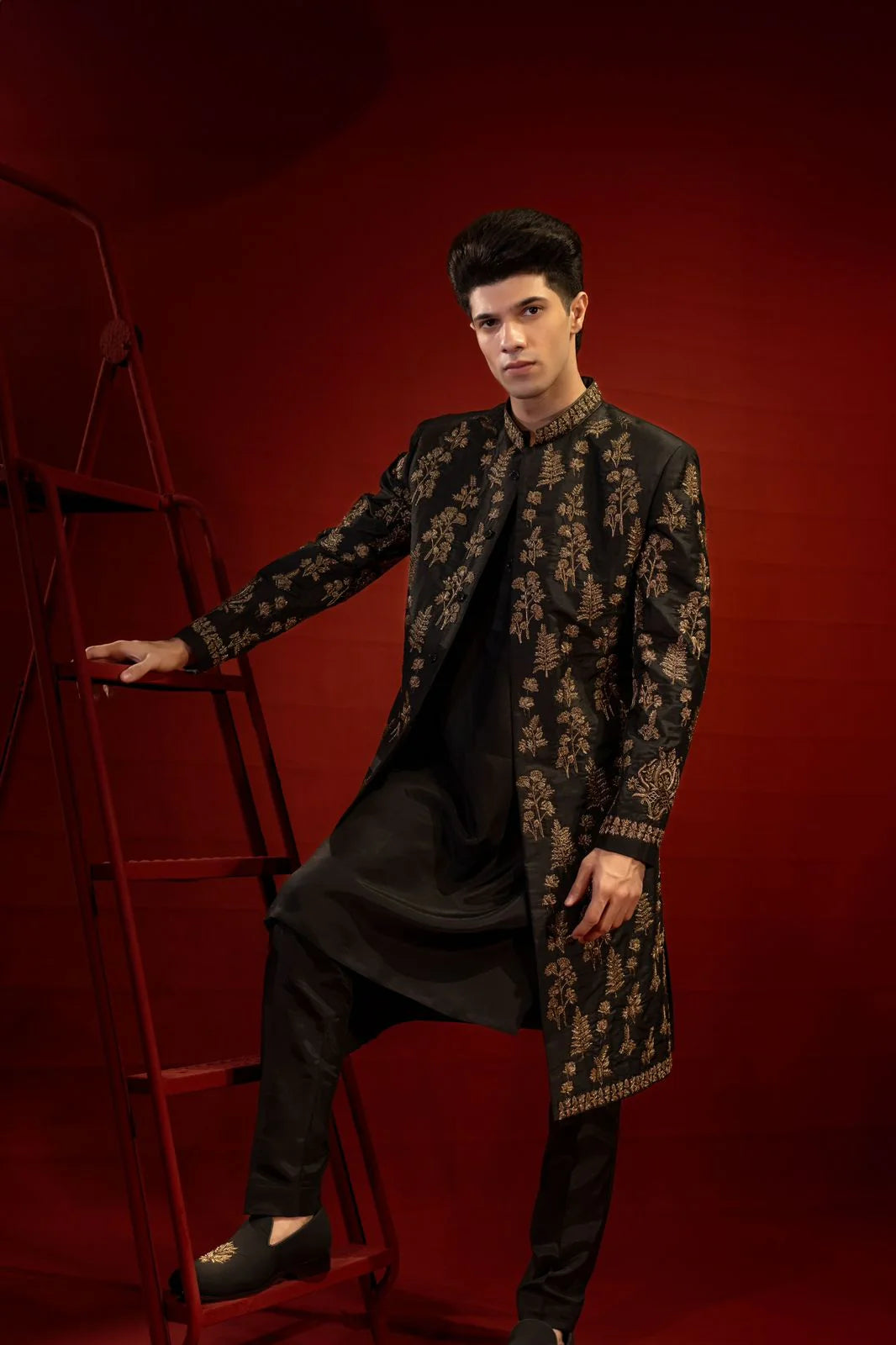 Black Raw Silk Sherwani with Gold Embroidery