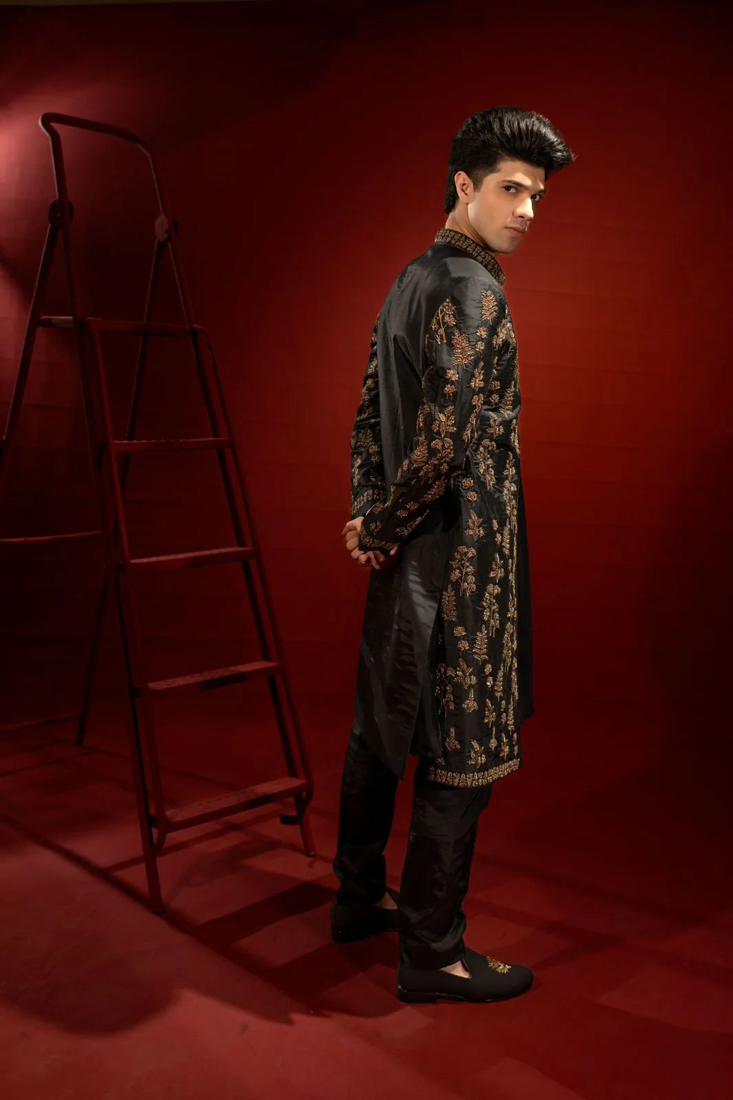 Black Raw Silk Sherwani with Gold Embroidery