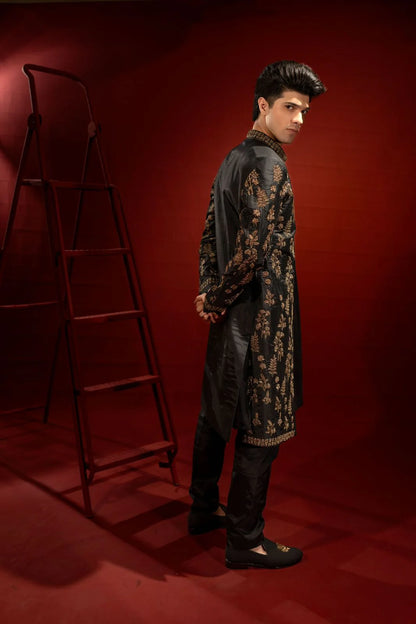 Black Raw Silk Sherwani with Gold Embroidery