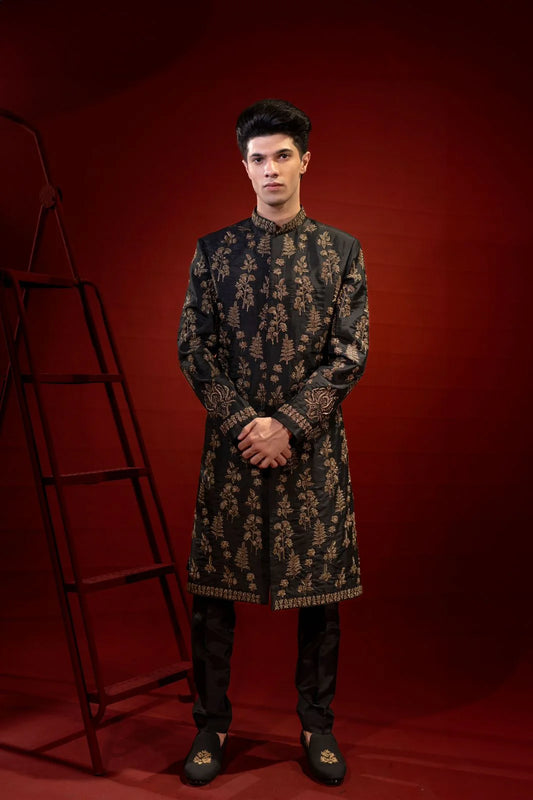 Black Raw Silk Sherwani with Gold Embroidery
