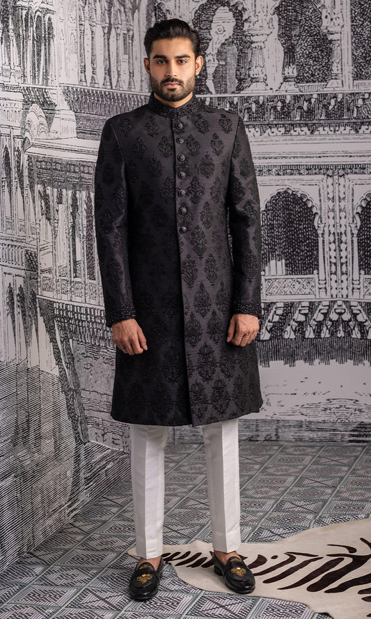 Black Raw Silk All Over Embroidered Sherwani