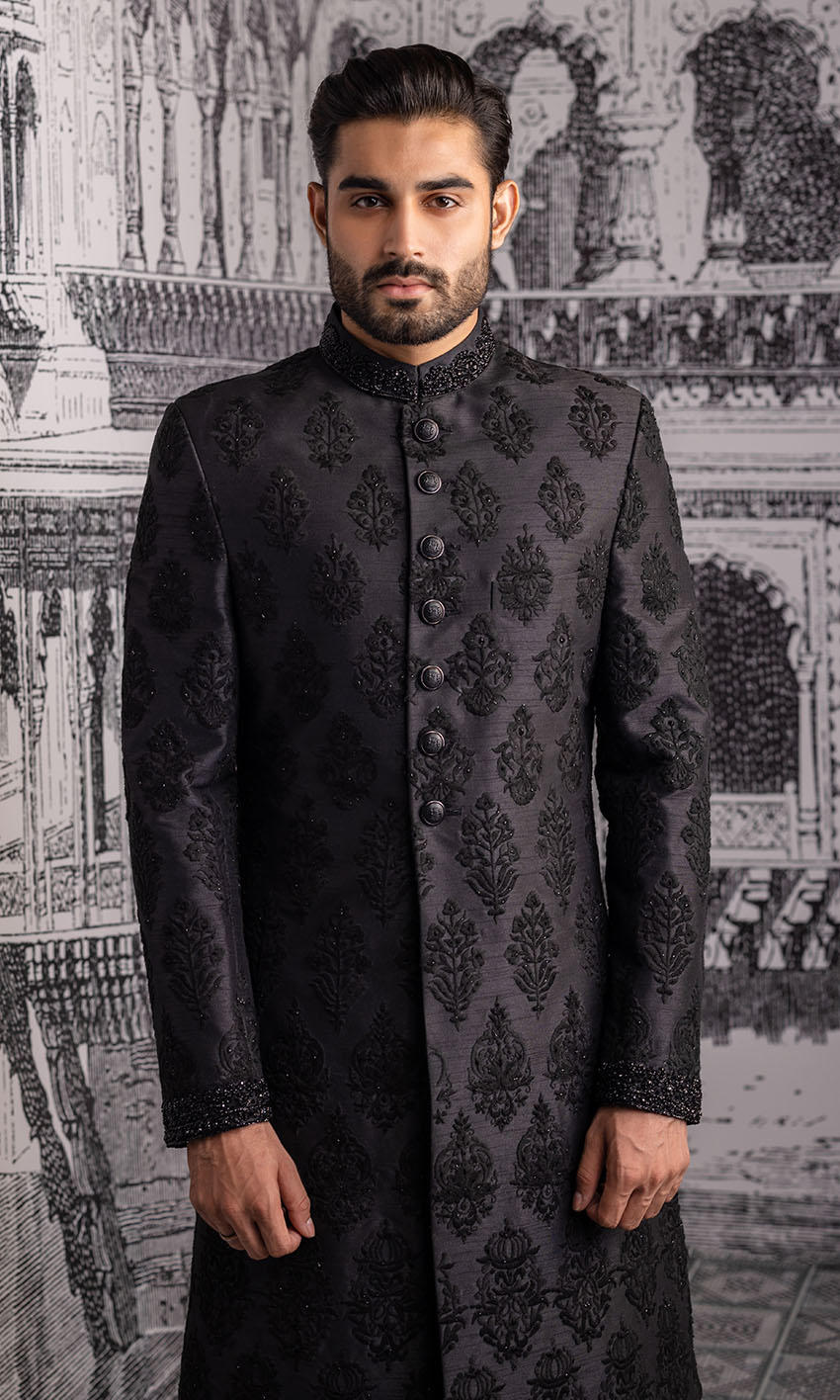 Black Raw Silk All Over Embroidered Sherwani