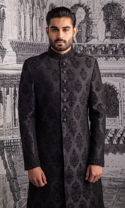 Black Raw Silk All Over Embroidered Sherwani