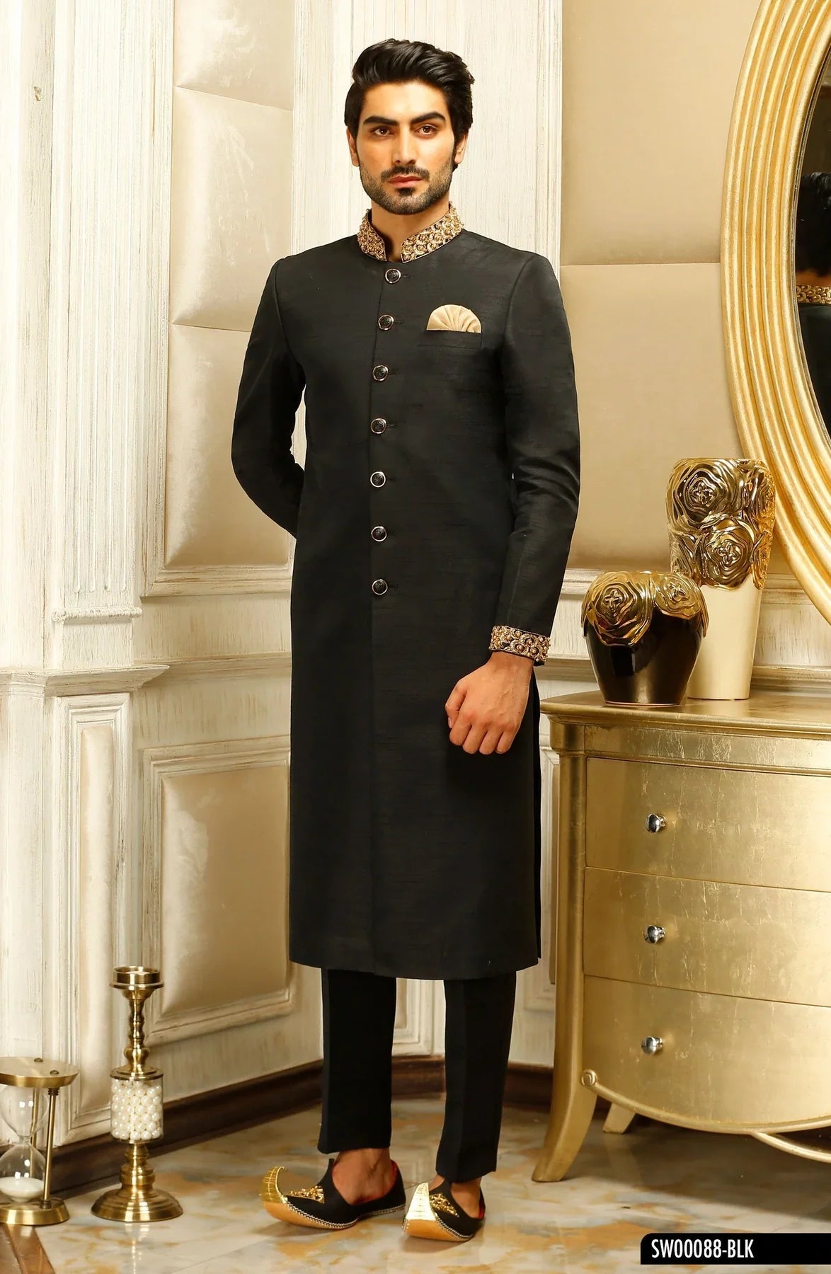 Royal Black Sherwani for Men with Intricate Collar & Sleeve Embroidery – Wedding Collection