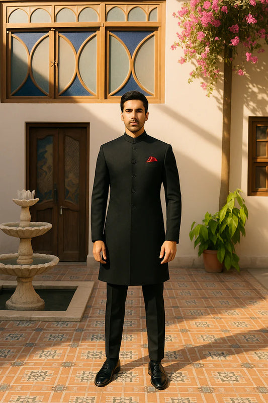 Regal Plain Black Sherwani for Men