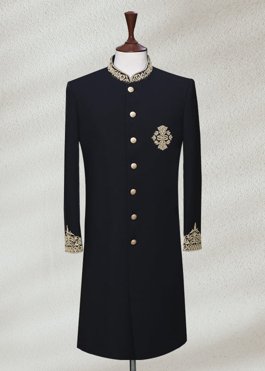 Black Sherwani with Collar and Sleeve Embroidered