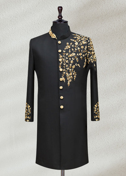 Black Sherwani with Floral Embroidery