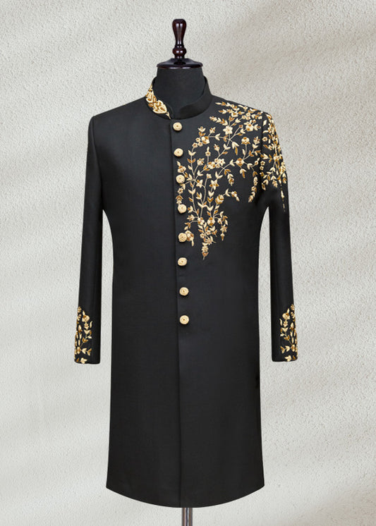 Black Sherwani with Floral Embroidery