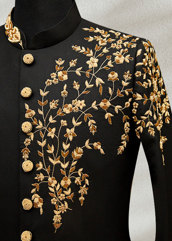 Black Sherwani with Floral Embroidery