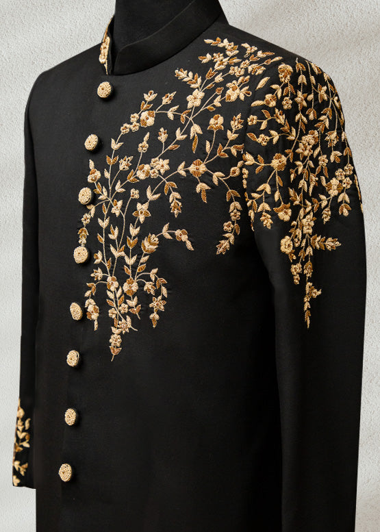 Black Sherwani with Floral Embroidery