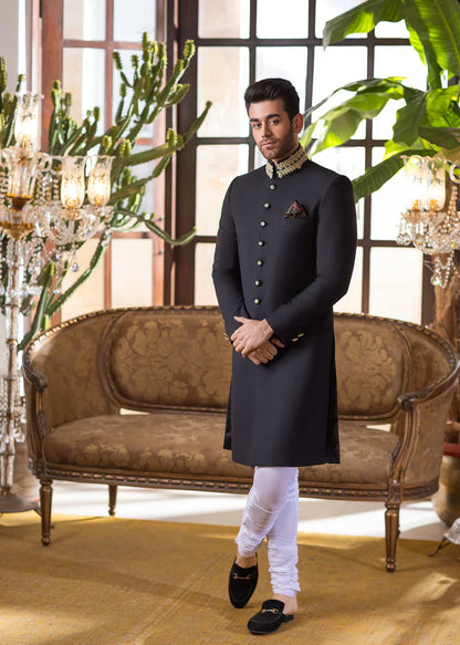 Black Sherwani with Hand Embroidery