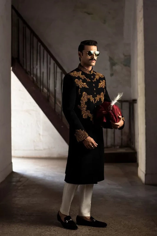Black Sherwani with Hand Embroidery
