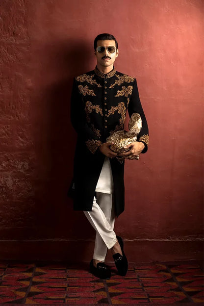 Black Sherwani with Hand Embroidery