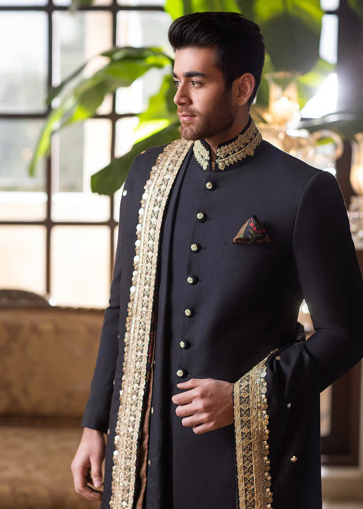 Black Sherwani with Hand Embroidery