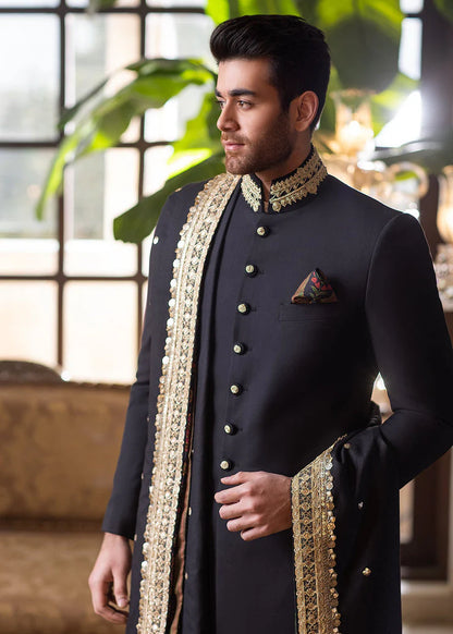 Black Sherwani with Hand Embroidery
